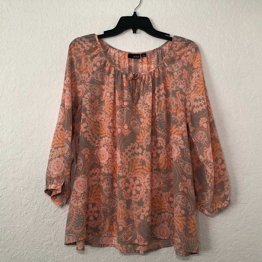 a.n.a Orange/Gray Paisley Floral Long Sleeve Top